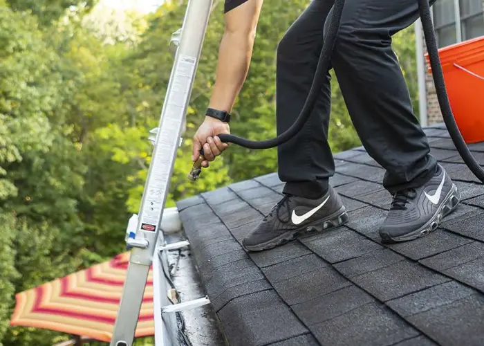 professional gutter cleaning Auckland technician on ladder