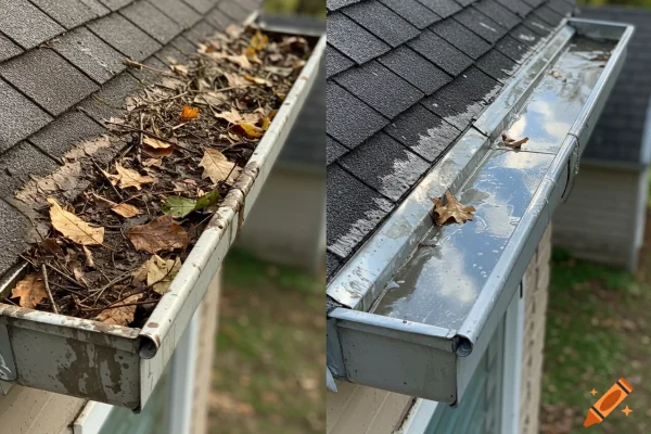 blocked gutter filled with leaves before cleaning Auckland
