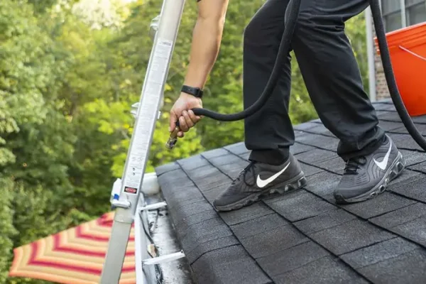 professional gutter cleaning Auckland technician on ladder